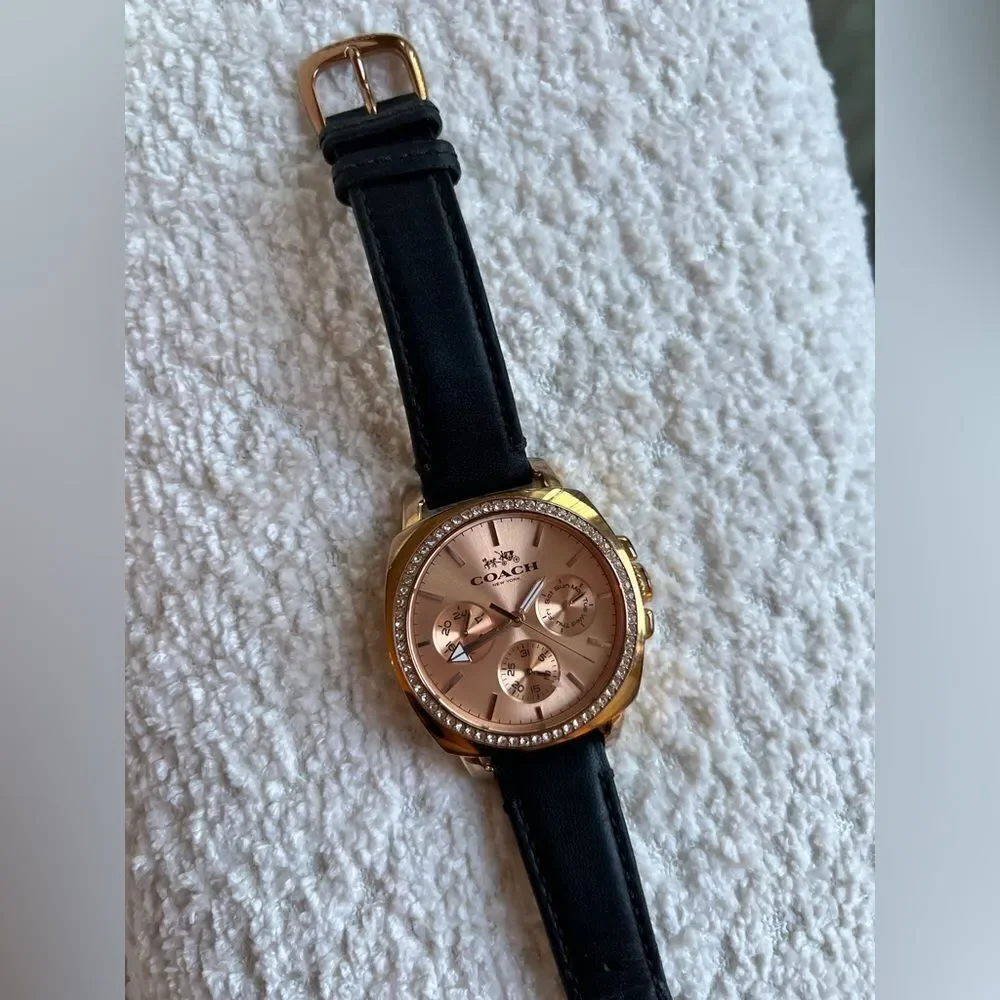‎Coach Black Leather Watch, Rose Gold